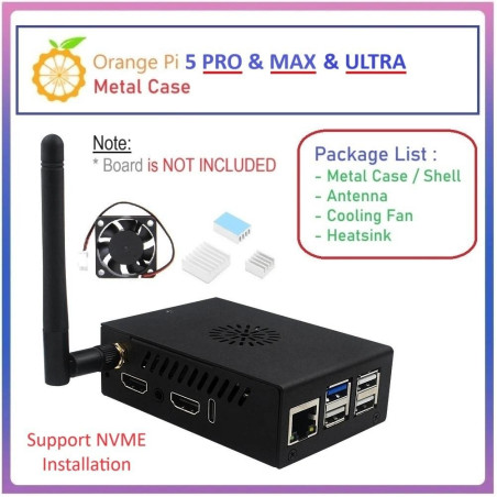 METAL CASE for Orange Pi 5 PRO / MAX / ULTRA (with Cooling Fan External Antenna and Heatsink)